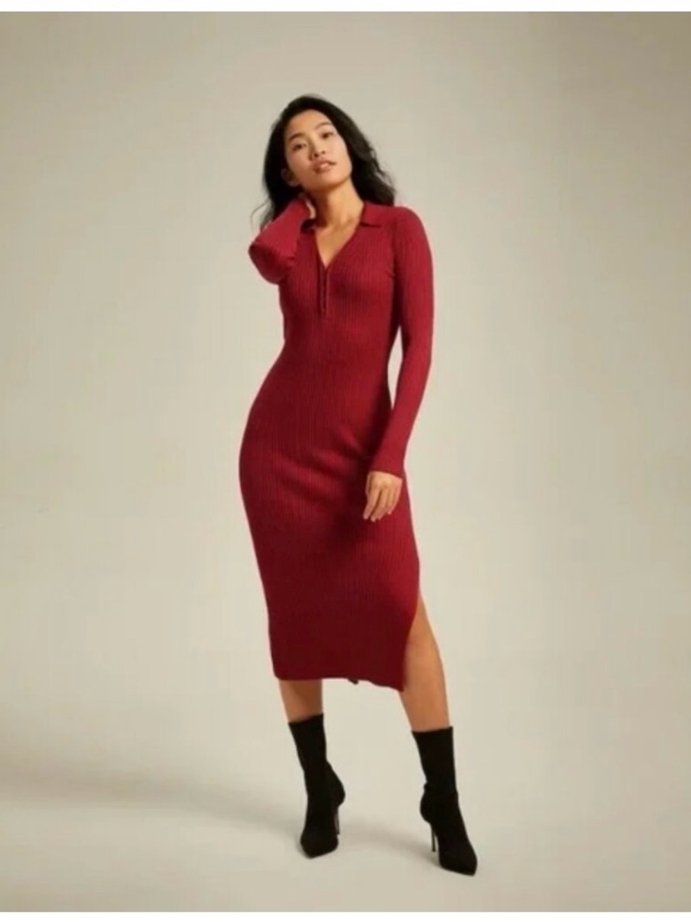 Abercrombie & Fitch Red Ribbed Hook and Eye Polo Long Sleeve Midi Dress